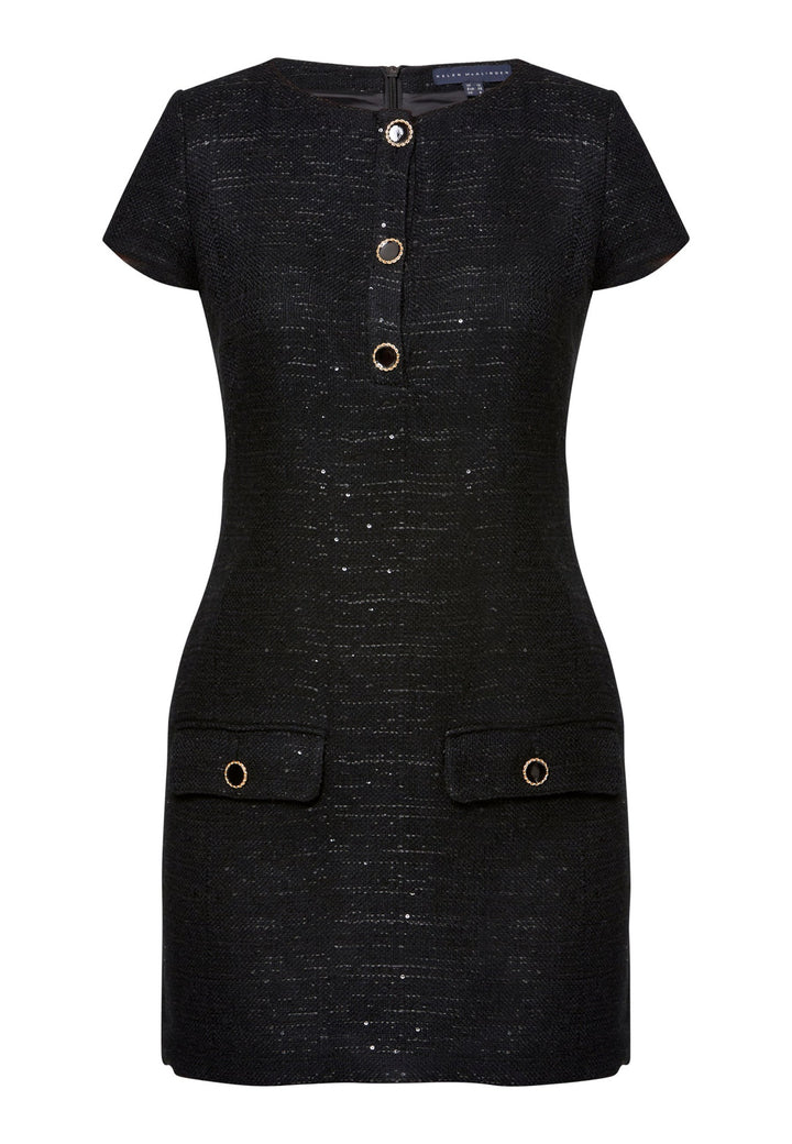 woman wearing shift black dress