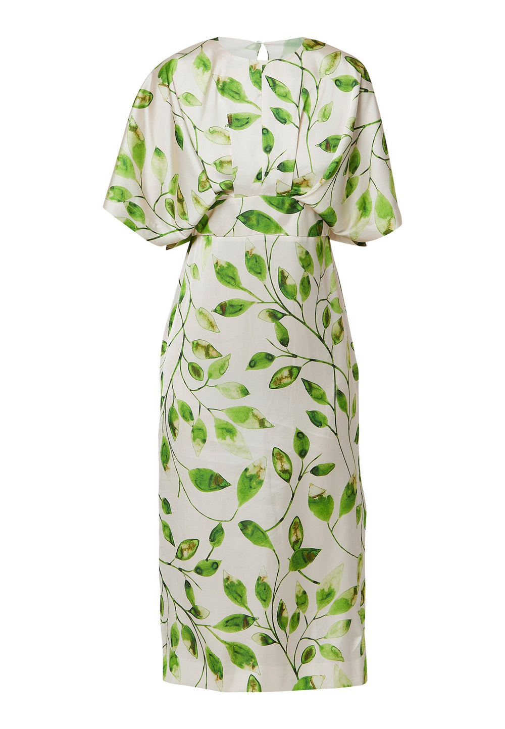 A captivating piece that seamlessly blends nature-inspired charm with sophisticated elegance. Featuring a delicate leafy print against a neutral backdrop, this dress captures the essence of serene beauty. Crafted from draped satin, it offers a luxurious feel with a graceful flow that complements its design. 