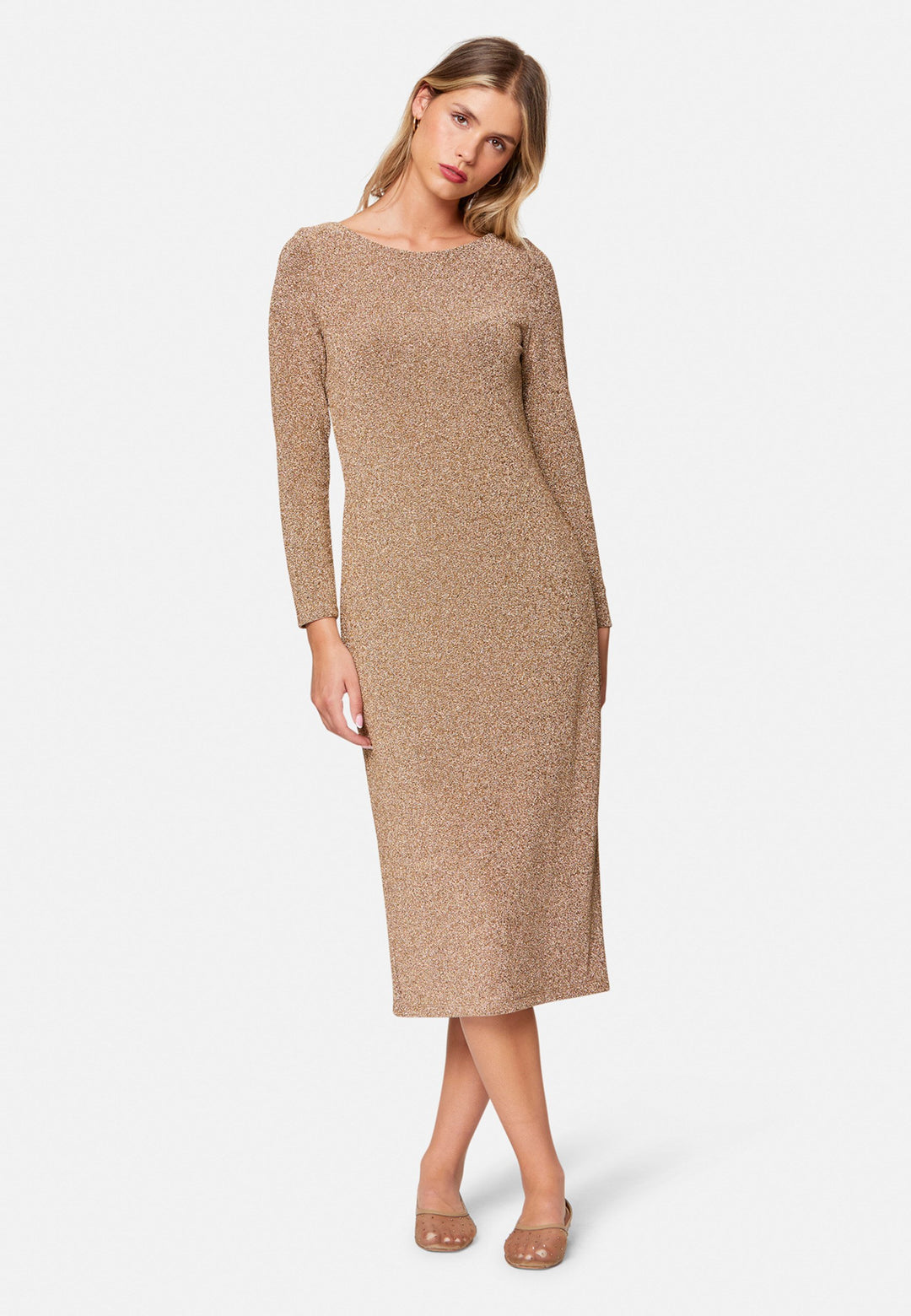 woman wearing jersey lurex midi dress