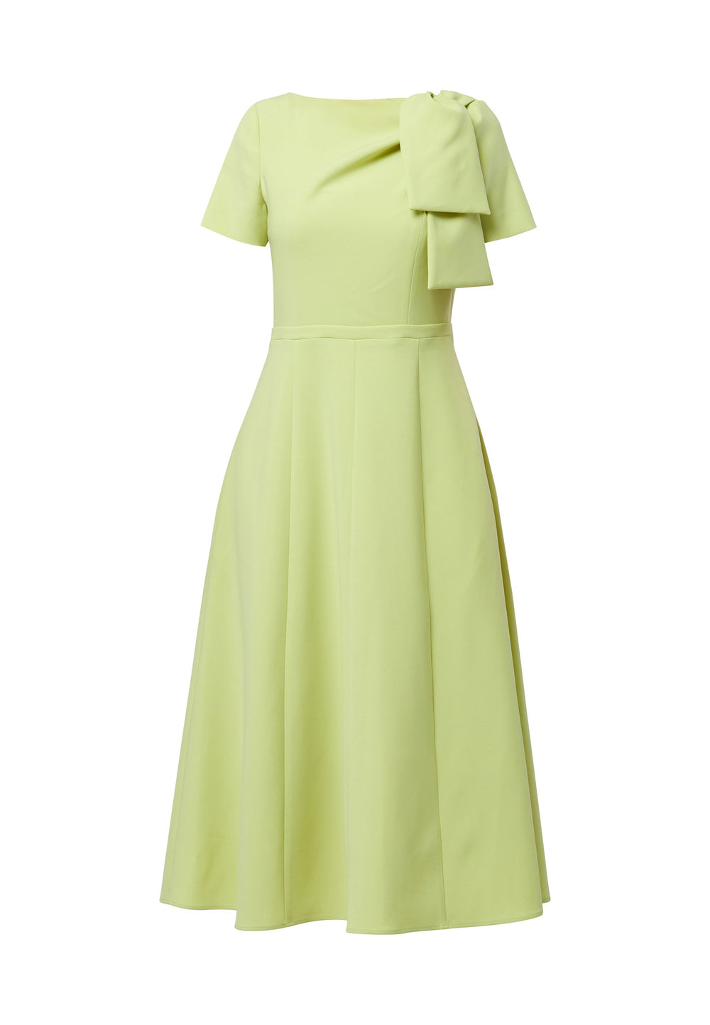 Introducing the Laoise Lime Dress, a refined statement piece designed exclusively for special occasions. Adorned with T-shirt-length sleeves and a meticulously fitted bodice, this dress features an elegant tie detail on the shoulder, creating a sophisticated pleat across the bust. The highlight of this ensemble is its fit-and-flare panelled skirt, gracefully cascading into a flattering A-line shape that exudes timeless elegance and movement.