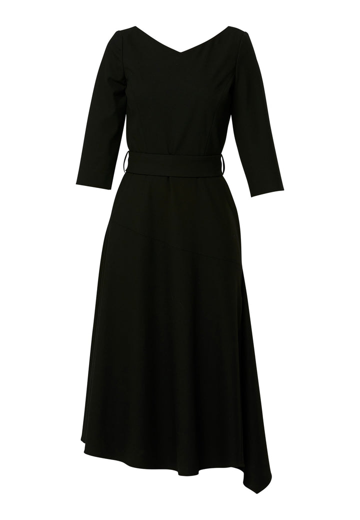 Odell, the perfect little black dress, designed in a fit and flare silhouette. Structured to the low waist, it features three-quarter sleeves, an asymmetrical hemline, and a detachable button-back belt. The flattering wide V-neckline makes it an elegant piece for any occasion.