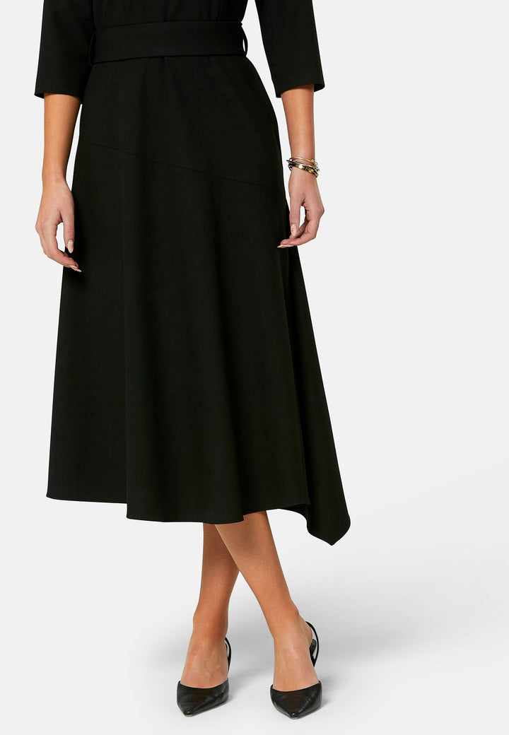 Odell, the perfect little black dress, designed in a fit and flare silhouette. Structured to the low waist, it features three-quarter sleeves, an asymmetrical hemline, and a detachable button-back belt. The flattering wide V-neckline makes it an elegant piece for any occasion.