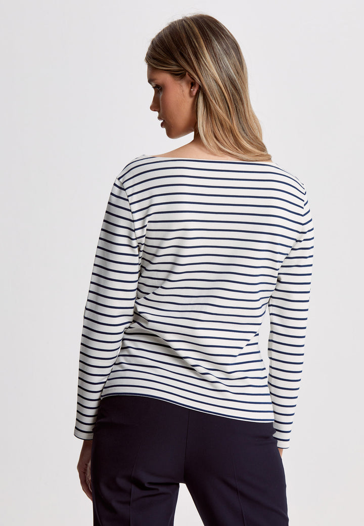 Experience the timeless elegance of our Teagan Stripe Top, expertly crafted with a luxurious stretch jersey and complemented by a sleek round neck. Available in both ecru and navy stripe, it's a must-have essential for any sophisticated wardrobe.