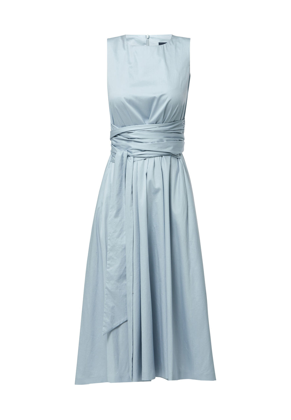 Introducing Avril, a sleeveless dress crafted in luxurious cotton poplin, showcasing a tie waist and charming keyhole back detail. Designed with a flattering empire line silhouette that gracefully skims the body, culminating in a chic mid-calf hemline. Now available in a captivating dusty blue shade, destined to be a standout piece in your wardrobe collection.