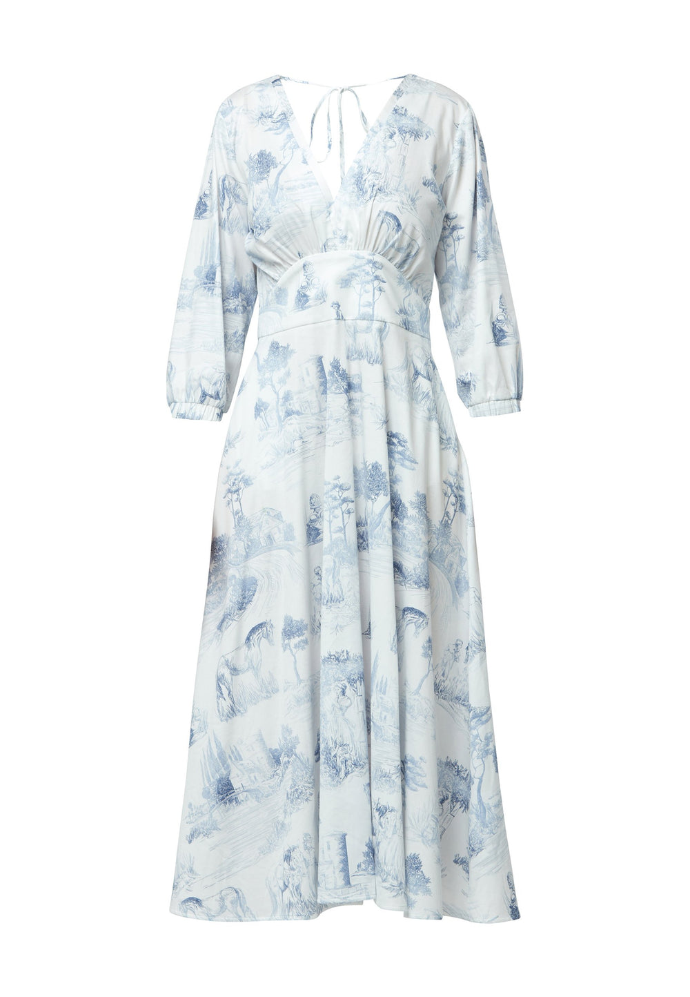 Inject some feminine style into your summer wardrobe with Bonnie. Cut from crisp cotton in a blue and white toile de Jouy print, this piece brings a timeless charm to your collection. The defined waist beautifully shapes the frame, while the V-neckline adds a touch of allure to the classic flared silhouett