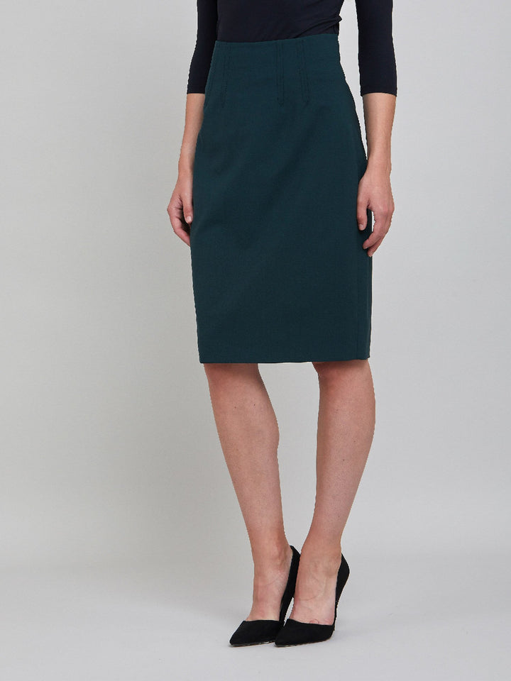 Classic officewear short pencil skirt in solid emerald wool with a hint of stretch for added comfort.