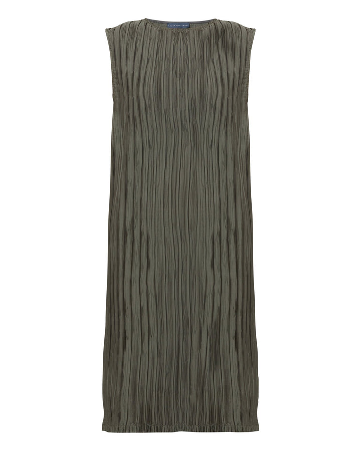 Dress for the occasion in the gemma dress. cut in an olive polished pleated fabric with contrasting satin band across the mid-riff, the ideal combination to accentuate the profile. An easy-fitting silhouette that falls to the mid-calf, features pockets and an elegant key-hole back neck detail. simply pair with heels for effortless elegance.