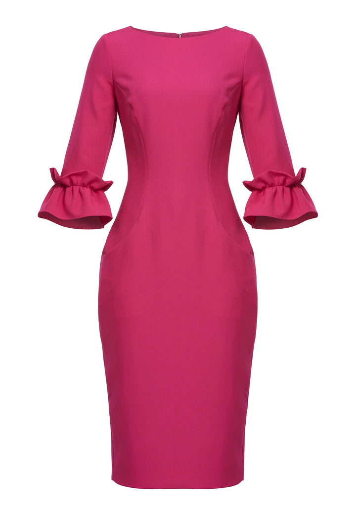 Unveiling the Maisie Cerise Pink Dress, a charming and stylish piece that exudes feminine allure. With its flattering body-skimming silhouette and elegant slash neckline, this dress is perfect for special events or making a statement. Falling to a chic mid-calf length with a back vent providing ease of movement. The fabric incorporates a hint of stretch, ensuring a comfortable and flattering fit. The playful puff frill sleeves add a touch of romance, making it a versatile and captivating choice.