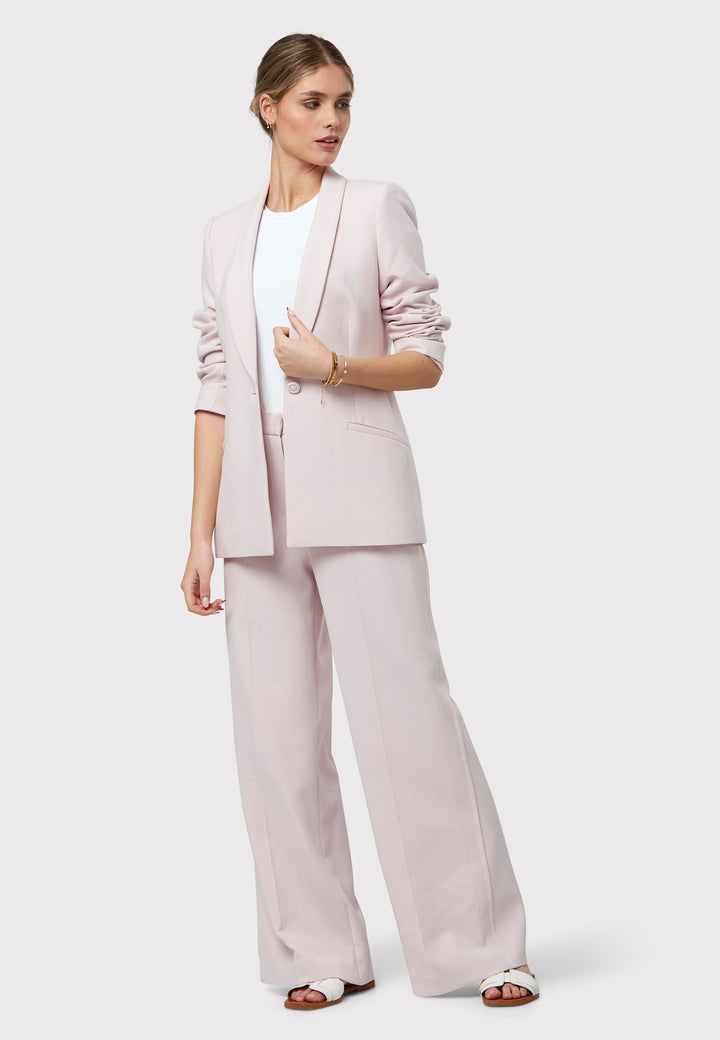 Meet the Naomi Soft Pink Trousers, designed for a modern and elegant look. These wide-leg trousers offer a high waist and flat front for a sleek appearance. Their soft pink shade makes them a versatile staple for any wardrobe, perfect for various occasions. Pair them with the matching Darcie Soft Pink Tux Jacket for a sophisticated look.