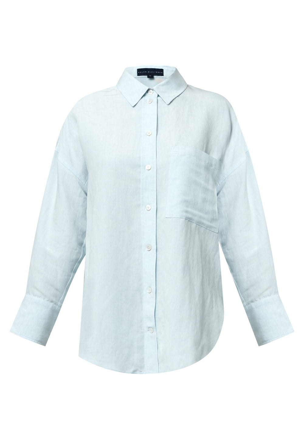 Embrace effortless style with this sustainable linen boyfriend shirt in a versatile blue hue. Its oversized, minimalist design includes long sleeves and a classic collar, offering timeless appeal. The button-through front and rounded hem meld comfort with style, establishing it as a versatile wardrobe essential.
