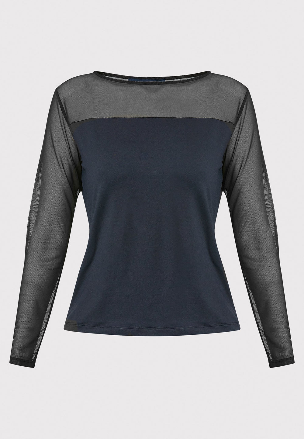 A signature hmca piece. our perennial best-seller back in black. This versatile top features a flattering mesh yoke and sleeves on a snug jersey body. Perfect underpinning to suiting or a more casual pant. Designed by Helen McAlinden in Ireland and made to last in Europe.