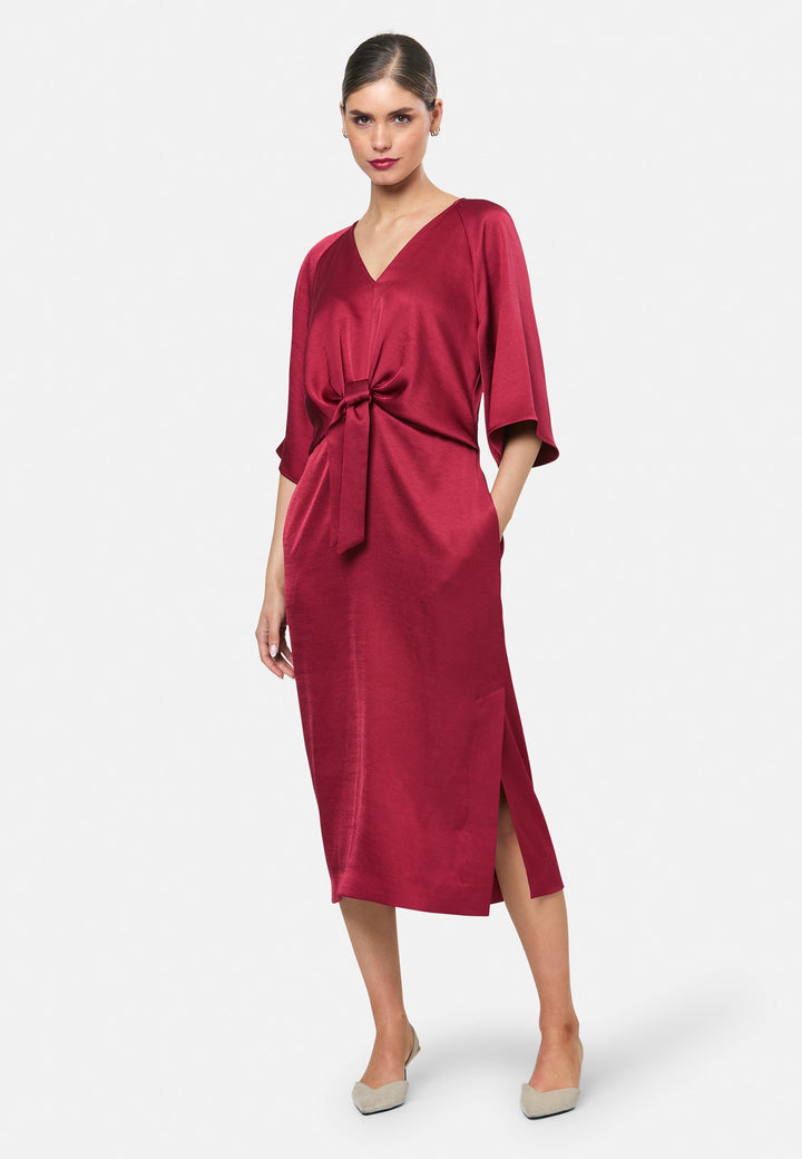 model wearing Aibhe Ruby Red Satin Dress