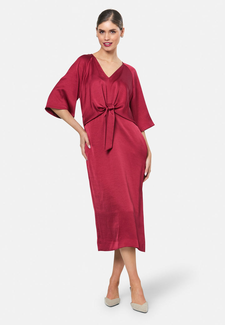 model wearing Aibhe Ruby Red Satin Dress