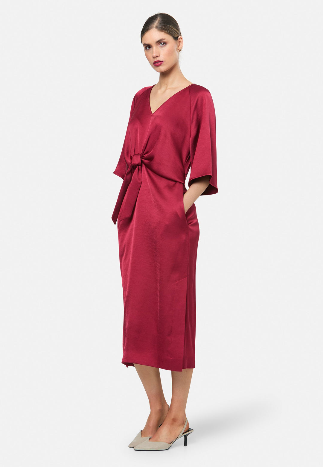 model wearing Aibhe Ruby Red Satin Dress
