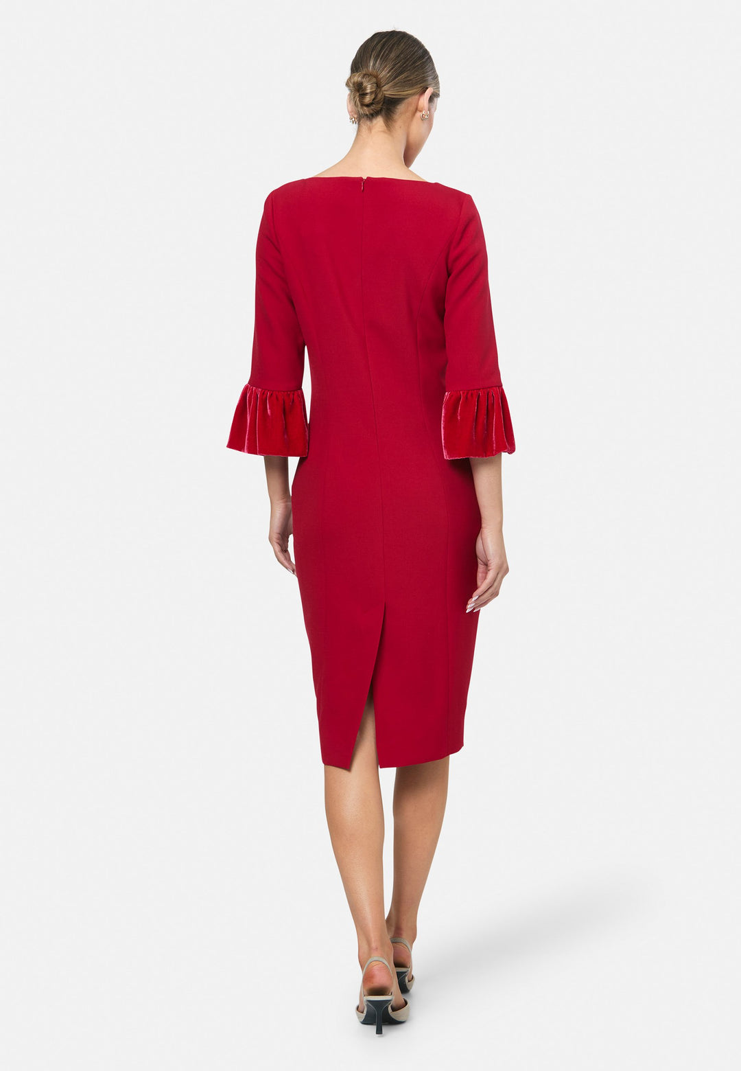 model wearing Alex Ruby Red Dress