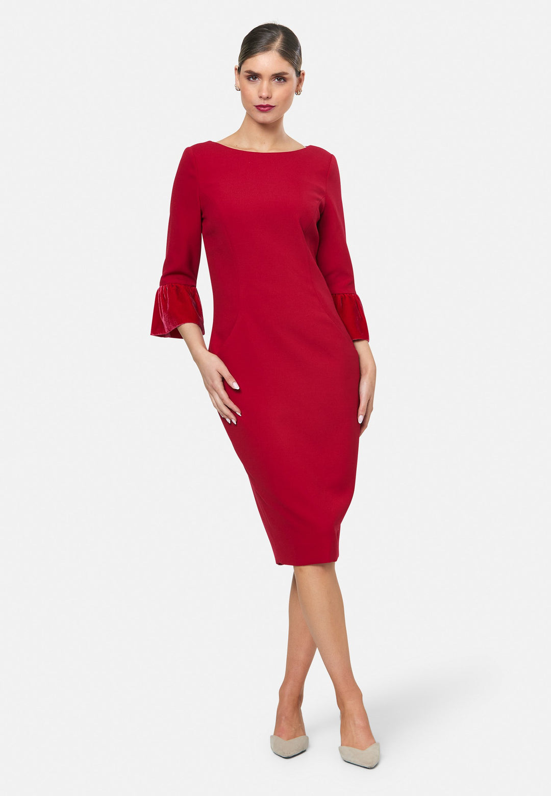 model wearing Alex Ruby Red Dress