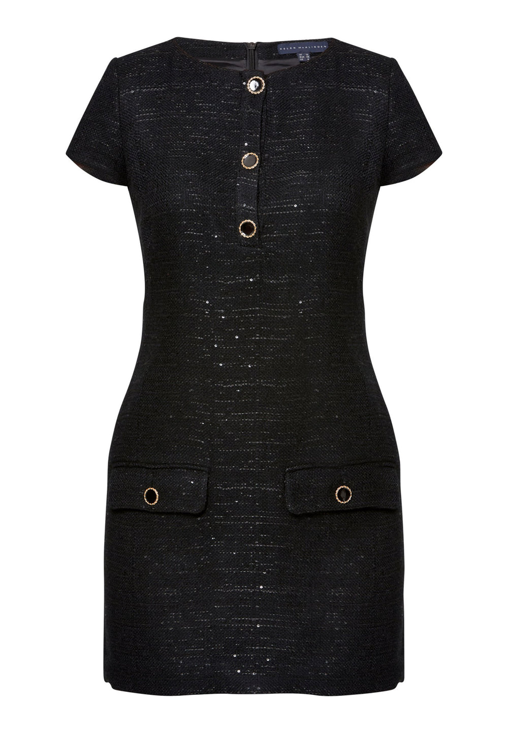 woman wearing shift black dress