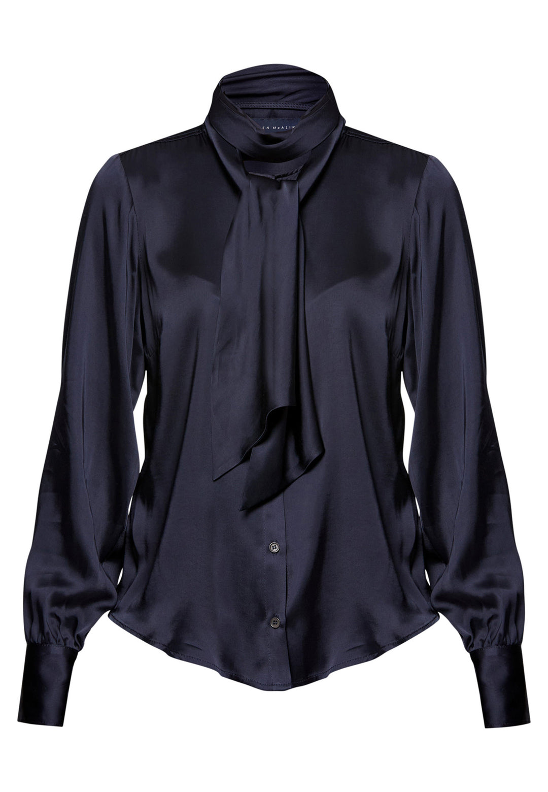 Navy blue blouse with a tie neckline on a white background