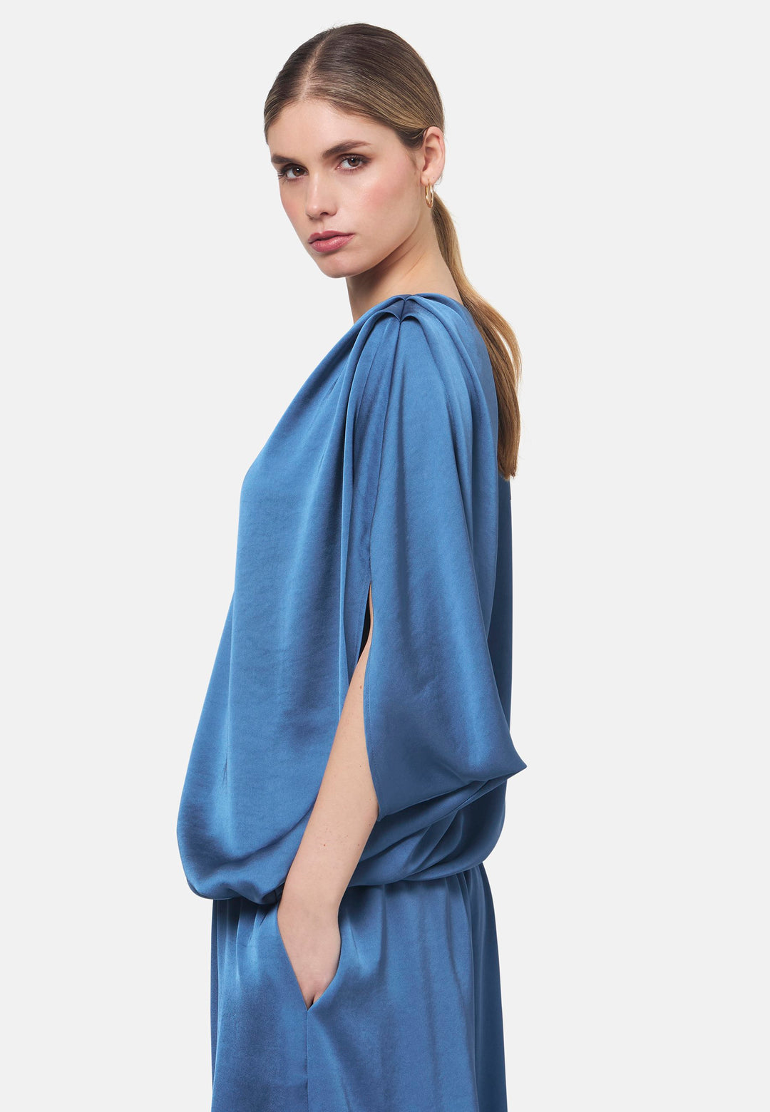 Woman wearing silk-touch satin in storm blue blouse