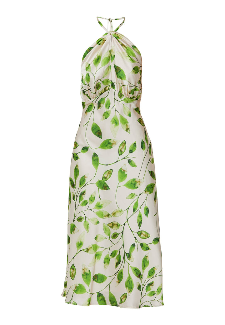 Introducing the Bronagh Leafy Print Dress: Elevate your summer wardrobe with this ankle-length halter neck dress, exquisitely designed for those special occasions. The dress features a bias-cut skirt that gracefully flows with every step, enhancing its feminine allure. The adjustable neck tie allows for a customizable fit, while the intricate knotted and twisted detail at the neckline adds an elegant touch to the halter design. 