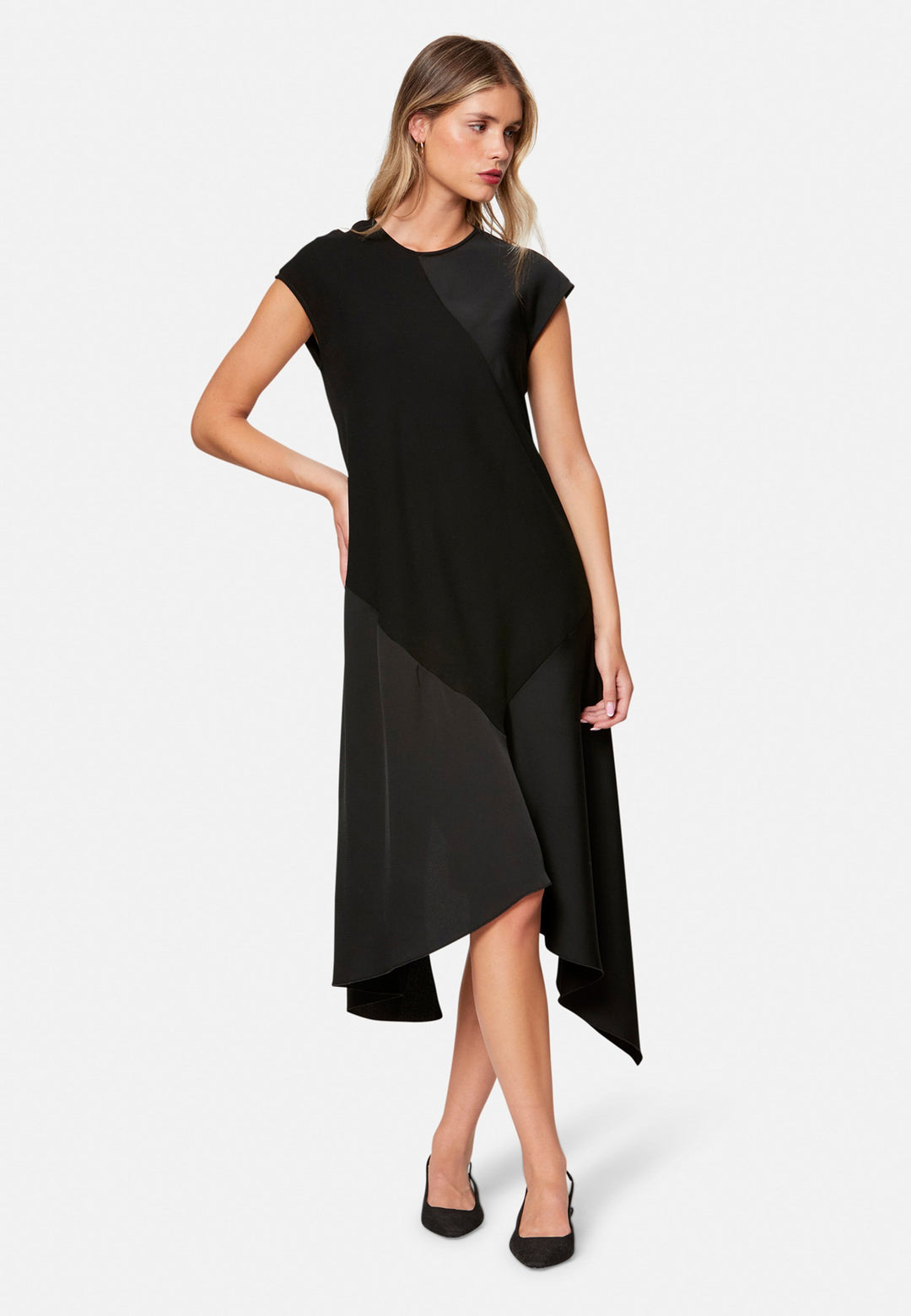 woman wearing black midi assymetric dress
