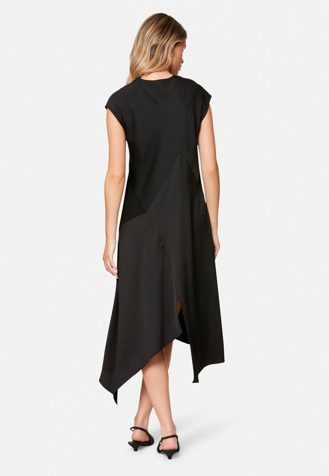 woman wearing black midi assymetric dress