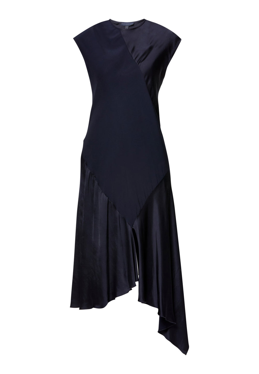 Carmin, the modern occasion dress with quiet drama. Cut from fluid, silk-touch satin in deep navy, it skims rather than clings, with a jewel neckline. Bias-cut panels and an asymmetric handkerchief hem add interest, while cap sleeves offer extra coverage. Style it with barely-there heels for evening, or a sharp blazer for city events.