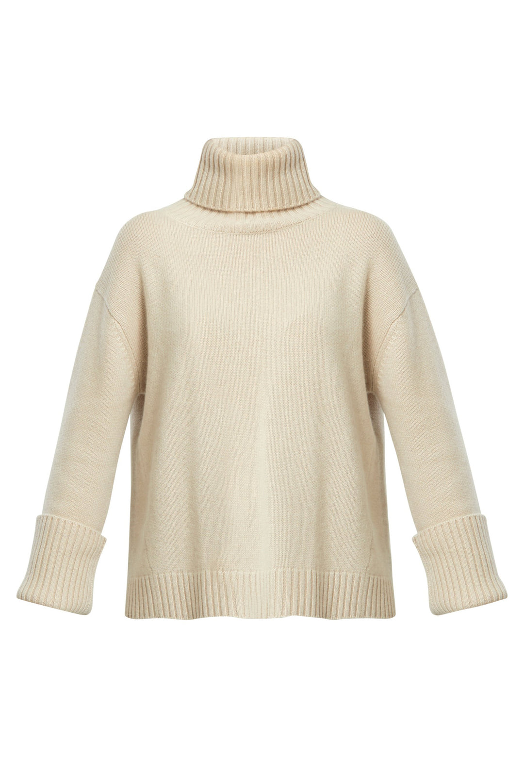 A modern take on the classic roll-neck, knitted in pure cashmere with a cloud-soft handle. Designed with a generous funnel neckline that can be folded or worn slouched, it features dropped shoulders and wide turn-back cuffs. The boxy, hip-skimming silhouette is finished with a deep rib hem for clean structure. Effortless with denim off-duty, refined with tailored trousers, and perfect layered under a long coat.