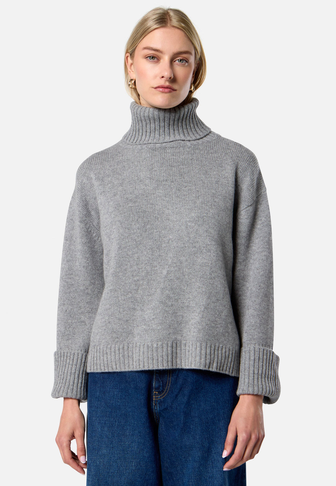 Carol Chunky Marl Grey Cashmere Roll-Neck Sweater