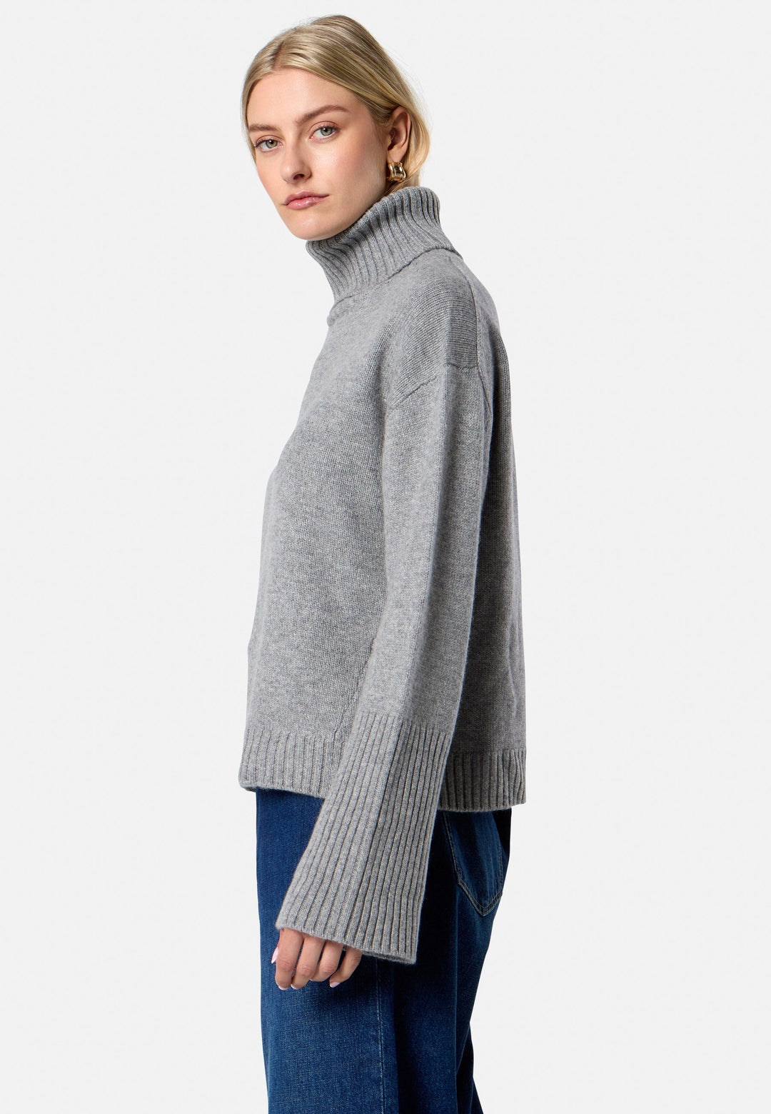 Carol Chunky Marl Grey Cashmere Roll-Neck Sweater