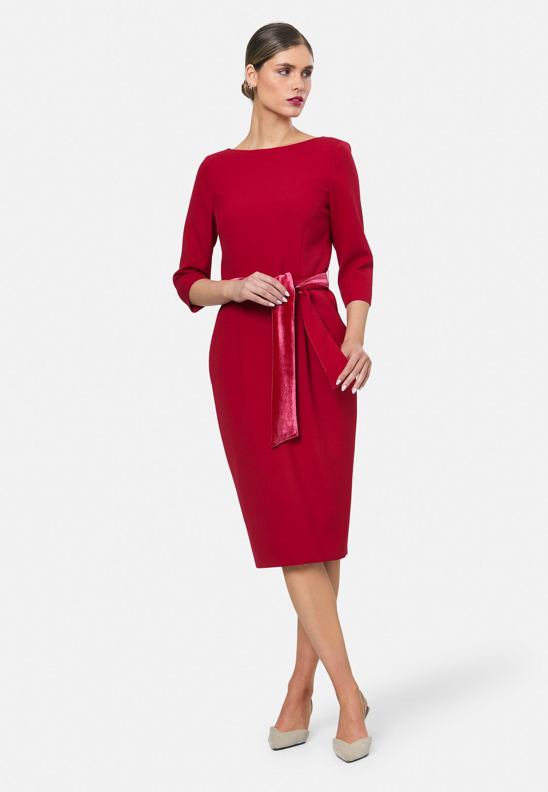 model wearing Caroline Ruby Red Dress