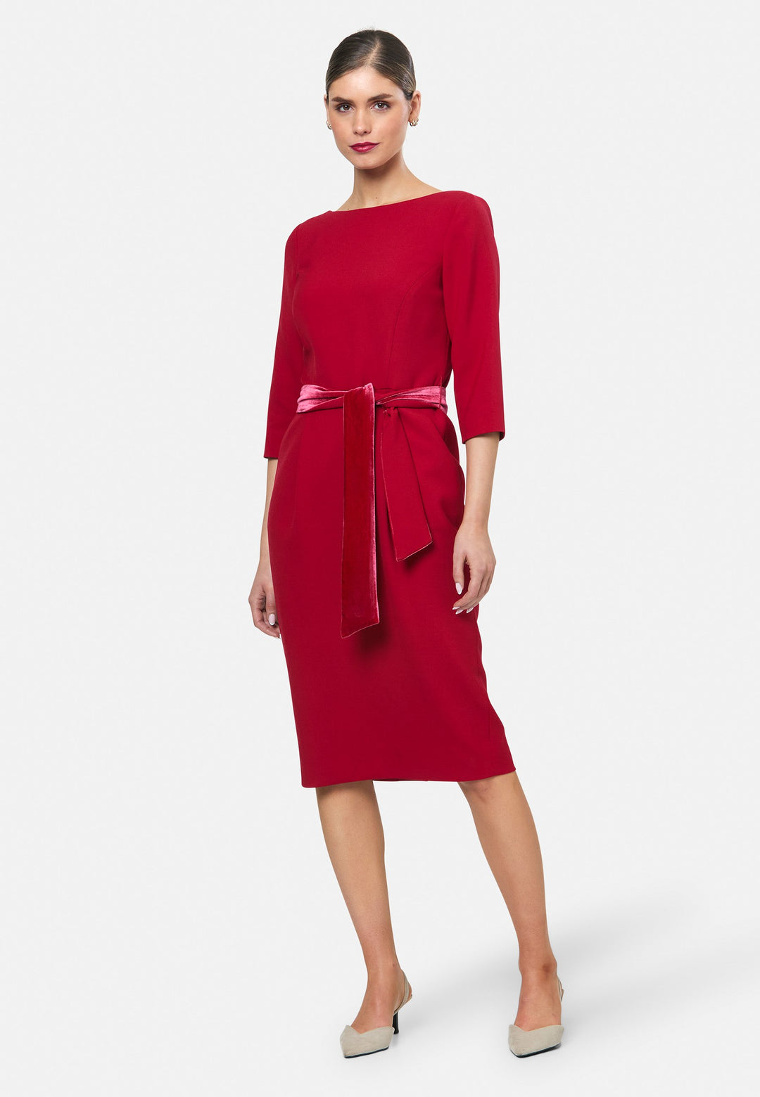 model wearing Caroline Ruby Red Dress