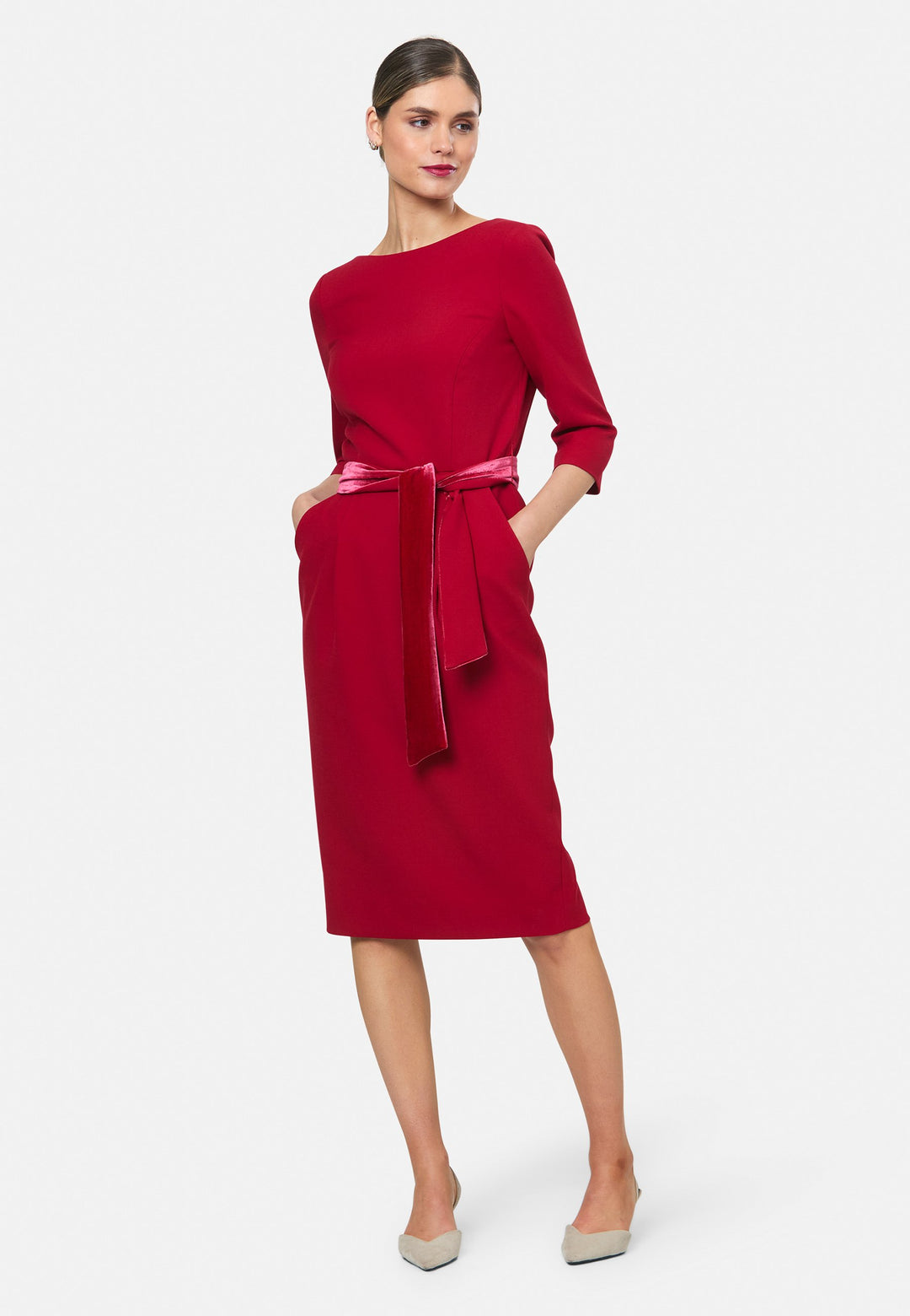 model wearing Caroline Ruby Red Dress