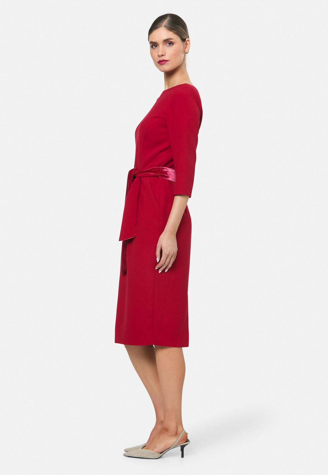 model wearing Caroline Ruby Red Dress