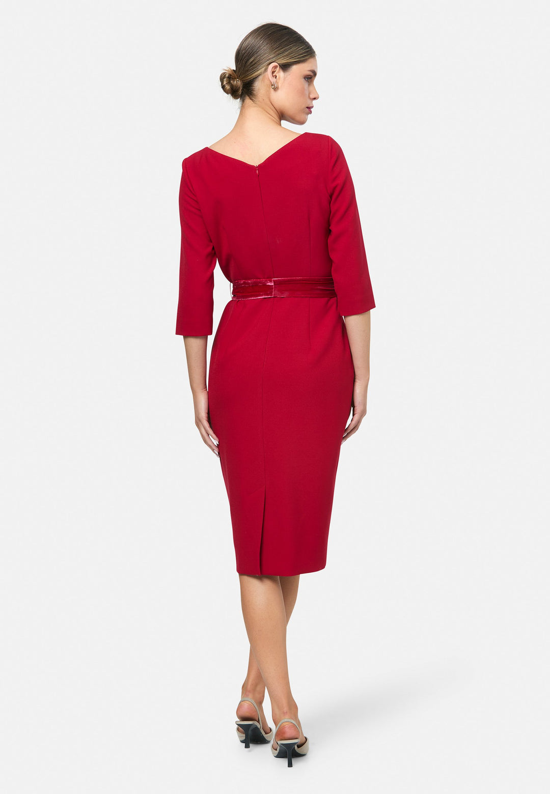 model wearing Caroline Ruby Red Dress