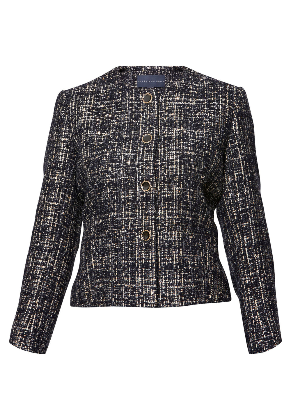 Cassandra, the navy bouclé jacket that pulls everything together. Cut to a neat, waist-defining silhouette with a clean round neckline and long sleeves, it’s woven in textured navy bouclé flecked with light neutrals and burnished metallic threads. Statement gold-rim buttons add polish, while the hip-skimming length makes it effortless over dresses, denim or tailoring. Style with the Lyra or Georgina trousers for a modern suit, or throw on with a tee for off-duty chic.