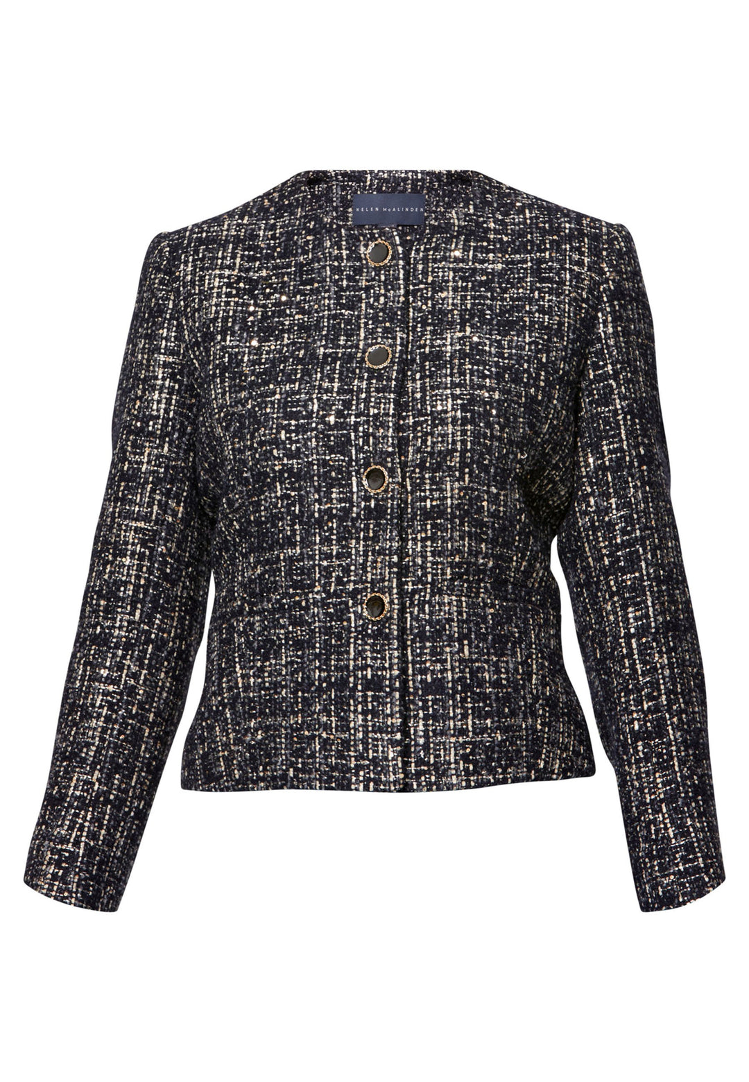 Cassandra, the navy bouclé jacket that pulls everything together. Cut to a neat, waist-defining silhouette with a clean round neckline and long sleeves, it’s woven in textured navy bouclé flecked with light neutrals and burnished metallic threads. Statement gold-rim buttons add polish, while the hip-skimming length makes it effortless over dresses, denim or tailoring. Style with the Lyra or Georgina trousers for a modern suit, or throw on with a tee for off-duty chic.