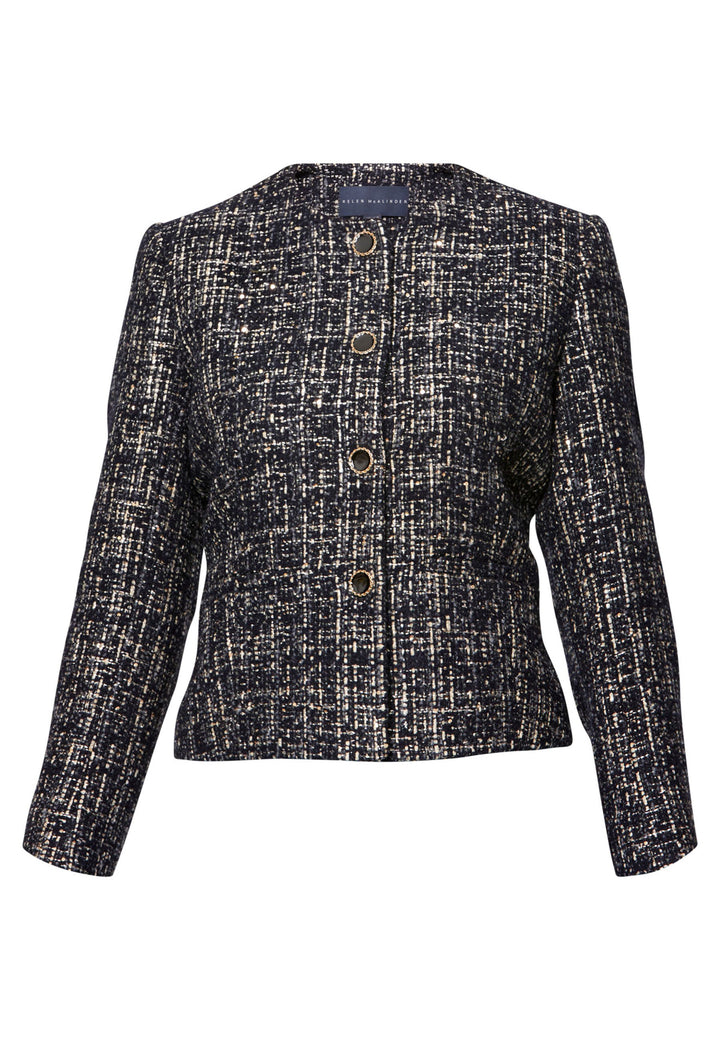 Cassandra, the navy bouclé jacket that pulls everything together. Cut to a neat, waist-defining silhouette with a clean round neckline and long sleeves, it’s woven in textured navy bouclé flecked with light neutrals and burnished metallic threads. Statement gold-rim buttons add polish, while the hip-skimming length makes it effortless over dresses, denim or tailoring. Style with the Lyra or Georgina trousers for a modern suit, or throw on with a tee for off-duty chic.