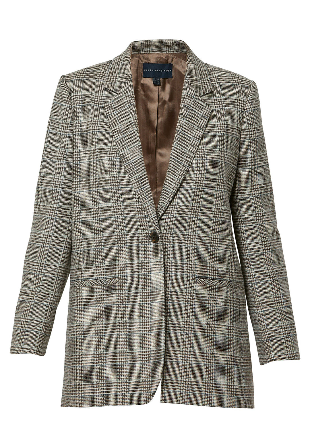 The Cassie Glen Check Jacket, a contemporary silhouette crafted in a soft-touch Magee lamsbwool. This boyfriend blazer boasts a minimalist design with a single button fastening and an oversized, slightly boxy silhouette. Pair the Marlena sleeveless cashmere top and matching Lyra Trousers, an effortless outfit.