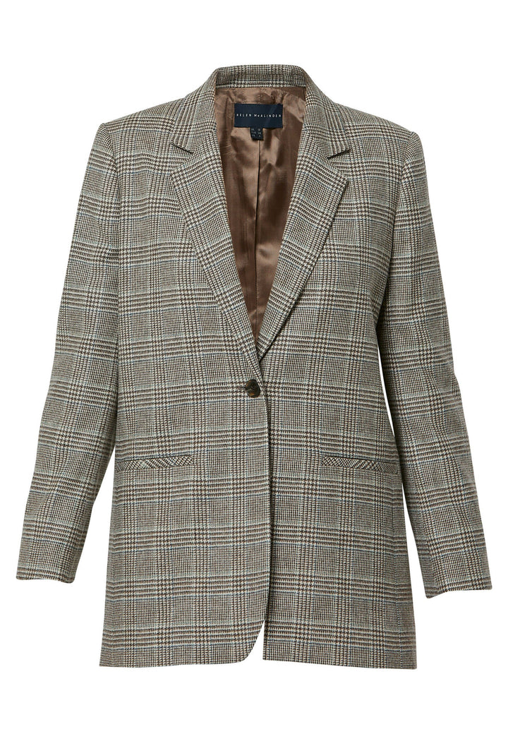 The Cassie Glen Check Jacket, a contemporary silhouette crafted in a soft-touch Magee lamsbwool. This boyfriend blazer boasts a minimalist design with a single button fastening and an oversized, slightly boxy silhouette. Pair the Marlena sleeveless cashmere top and matching Lyra Trousers, an effortless outfit.