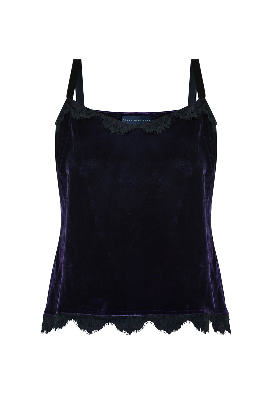 Crafted from a viscose and silk blend with a hint of stretch, the Cleo Velvet Cami in twilight plum features delicate black lace trim on the neckline and hem, complemented by black velvet straps. Pair with the matching velvet suit for a full glam winter look or style with a simple tailored tux for understated elegance.