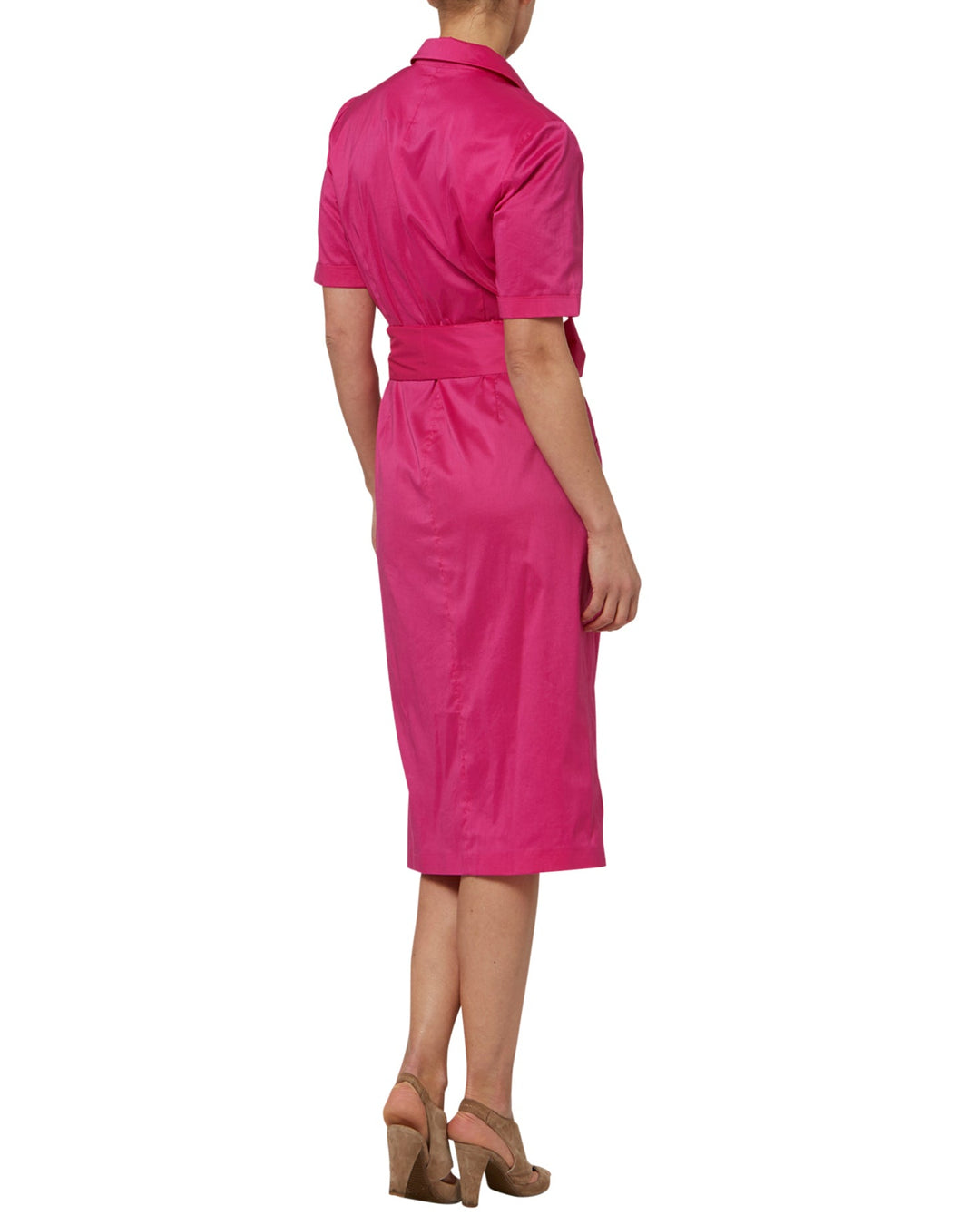 Pink dress worn by a person on a white background