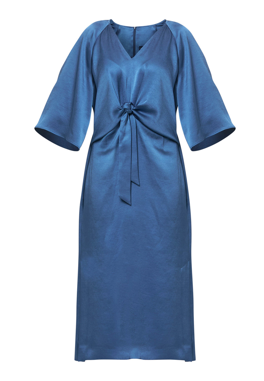 Woman wearing silk-touch satin in storm blue dress