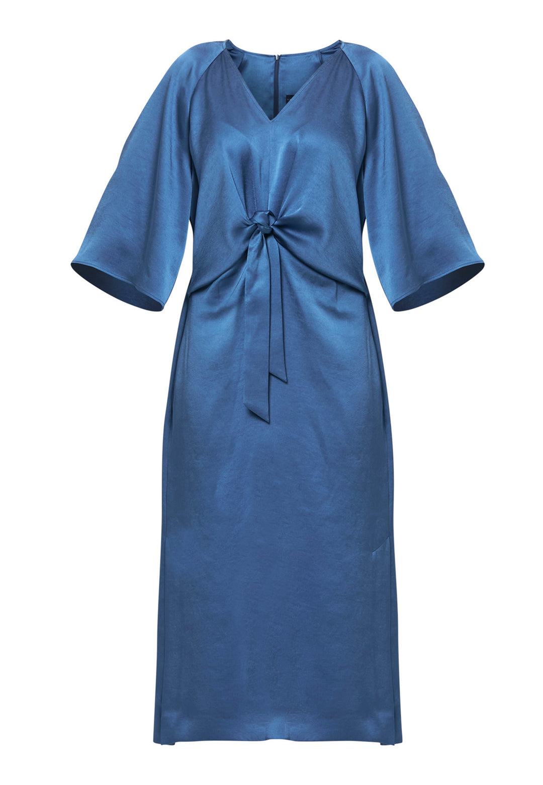 Woman wearing silk-touch satin in storm blue dress