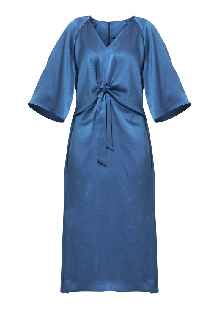 Woman wearing silk-touch satin in storm blue dress