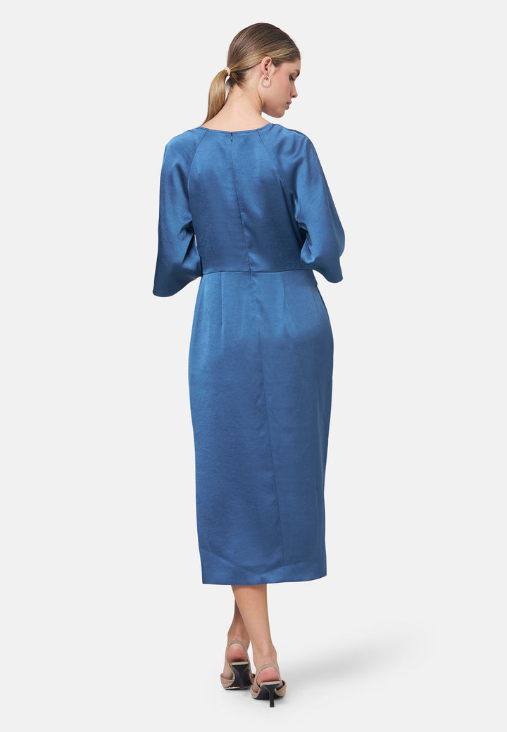 Woman wearing silk-touch satin in storm blue dress