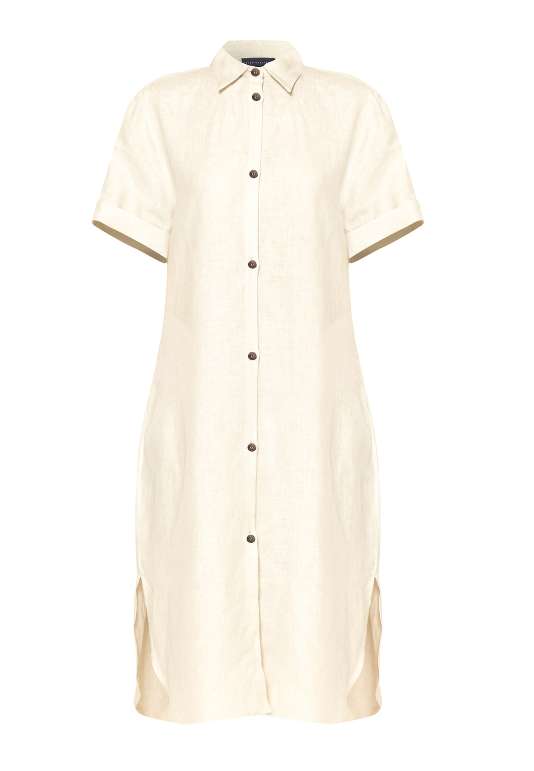Bella, a relaxed Ecru shirt dress, offers effortless style with its button-down front, short T-shirt length sleeves, and curved hem. Crafted from breathable Baird McNuit Irish linen fabric, it’s perfect for warm-weather days. It combines comfort and versatility, making it a great choice for casual outings or laid-back weekends.