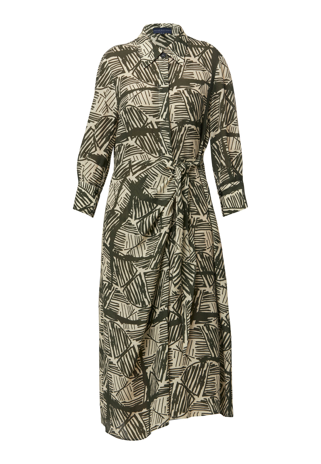 This Ashley Ogham Print Shirt Dress is a modern take on the classic shirt dress. Featuring a button-down front with a placket, full length sleeves with a button cuffed finish and simple shirt collar, it offers versatility and style. The wrap skirt ties off center to the front of the dress.