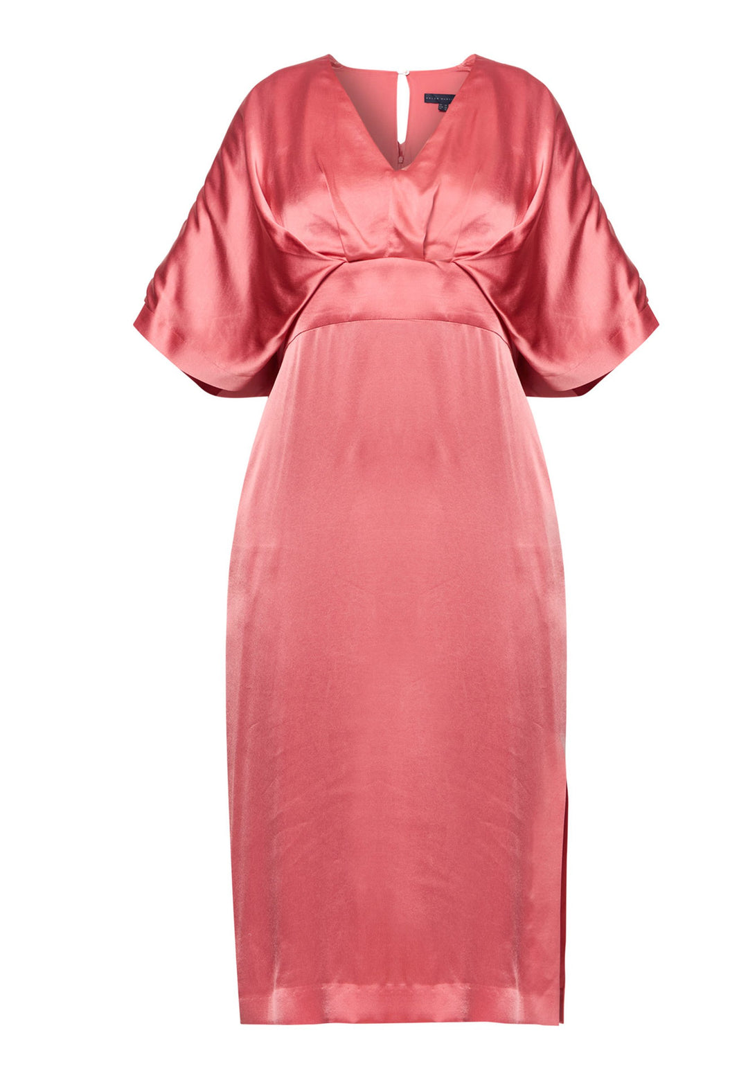 Eabha, the coral rose dress with quiet glamour. Cut from fluid, silk-touch satin, it frames the neckline with a gentle V and draped kimono sleeves, then gathers into under-bust pleats that flatter the waistline. The column midi skirt skims beautifully with discreet side seam pockets and slits for ease, finished with a neat keyhole back. Just add barely-there heels and gold jewellery.