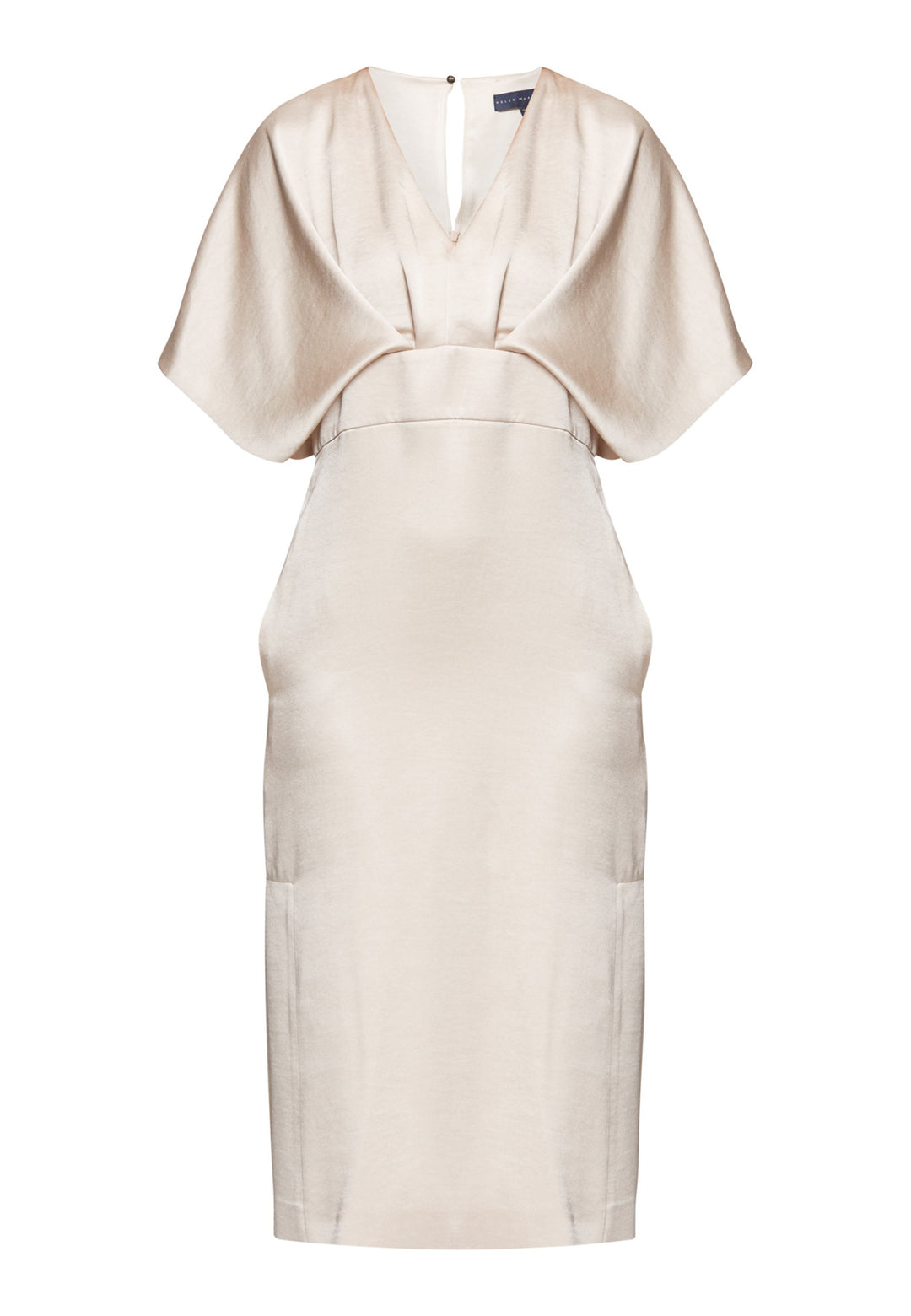 Eabha, the ivory dress with quiet glamour. Cut from fluid, silk-touch satin in a soft oyster hue, it frames the neckline with a gentle V and draped kimono sleeves, then gathers into under-bust pleats that flatter the waistline. The column midi skirt skims beautifully with discreet side seam pockets and slits for ease, finished with a neat keyhole back. Just add barely-there heels and gold jewellery.